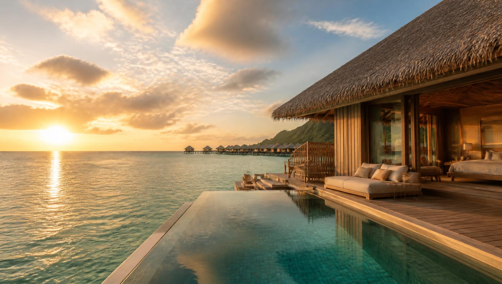 Luxury island resort villa at sunset